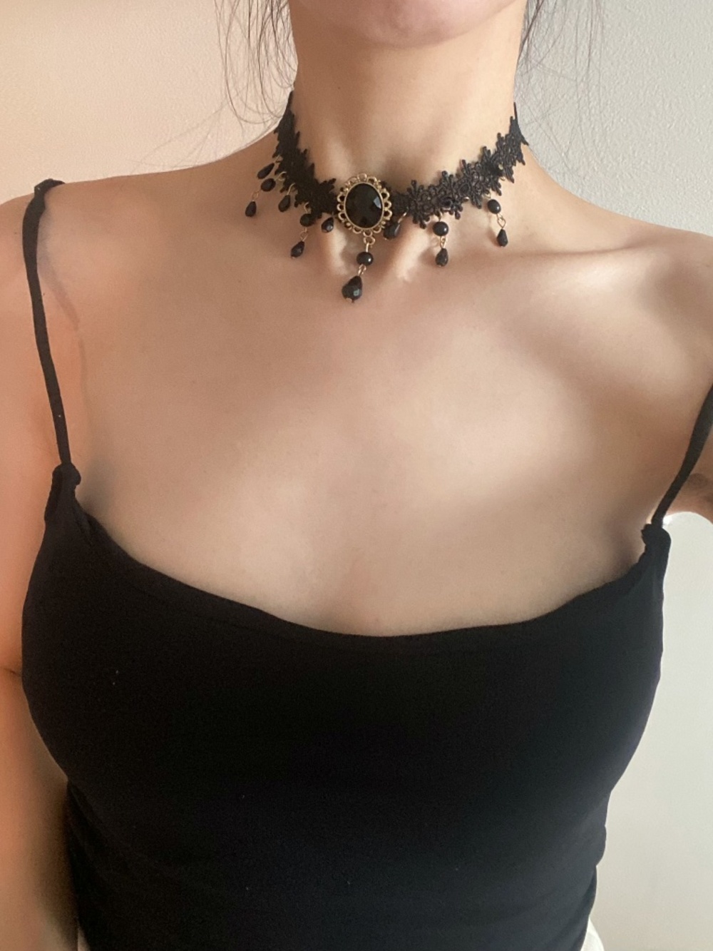 Black Lace Choker Necklace Jewel Beaded Cool Goth Edgy NEW